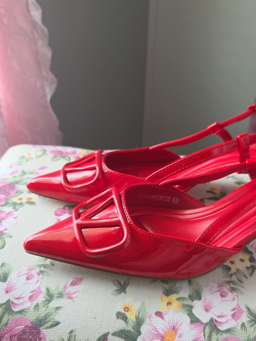 Red Patent Slingback Pointed-Toe Heels with Decorative Buckle - Picture 11 of 14